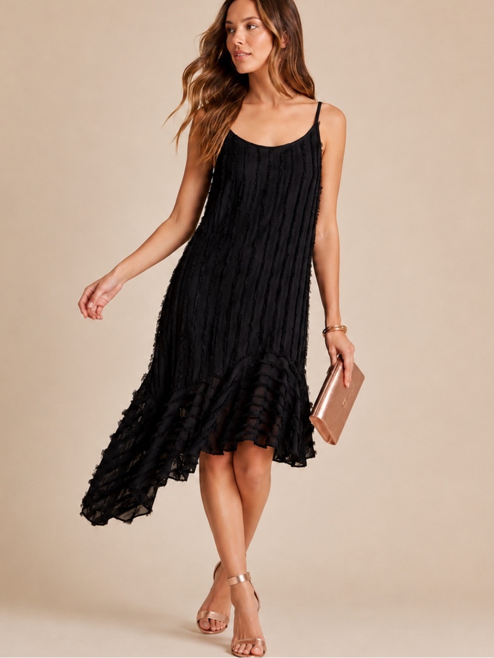 ERI + ALI BLACK FRILL FRINGE ASYMMETRIC COCKTAIL DRESS M NWT